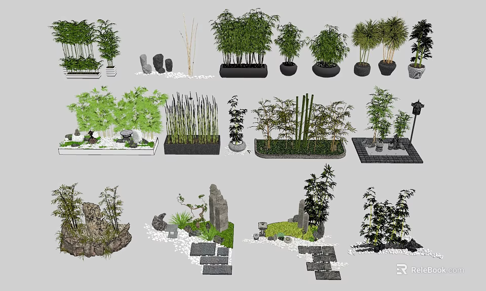 Garden Ornaments Featuring Various Plants Stones Small Landscape Designs and Decorative Elements 3d model