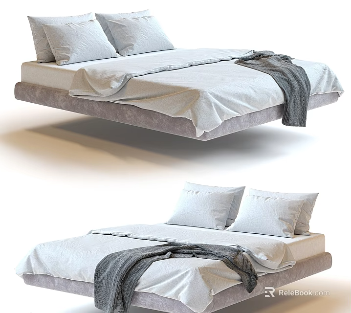 Modern Double Bed with White Sheets Gray Blanket and Two Pillows 3d model