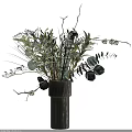 Fresh Flower Arrangement In Clear Textured Glass Vase With Eucalyptus Leaves White And Purple Blossoms