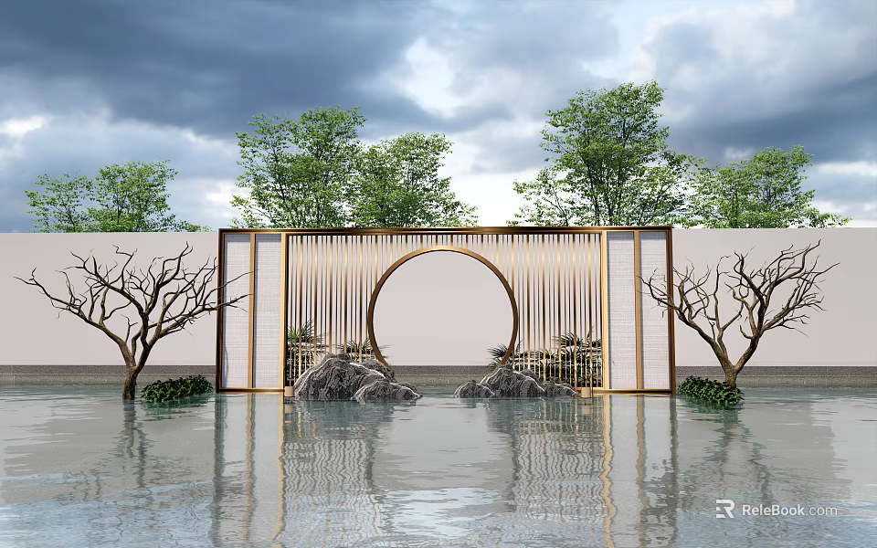 Traditional Chinese Scenic Wall With Circular Doorway Golden Lines And Water Reflection Surrounding Trees Stones 3d model 