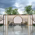 Traditional Chinese Scenic Wall With Circular Doorway Golden Lines And Water Reflection Surrounding Trees Stones