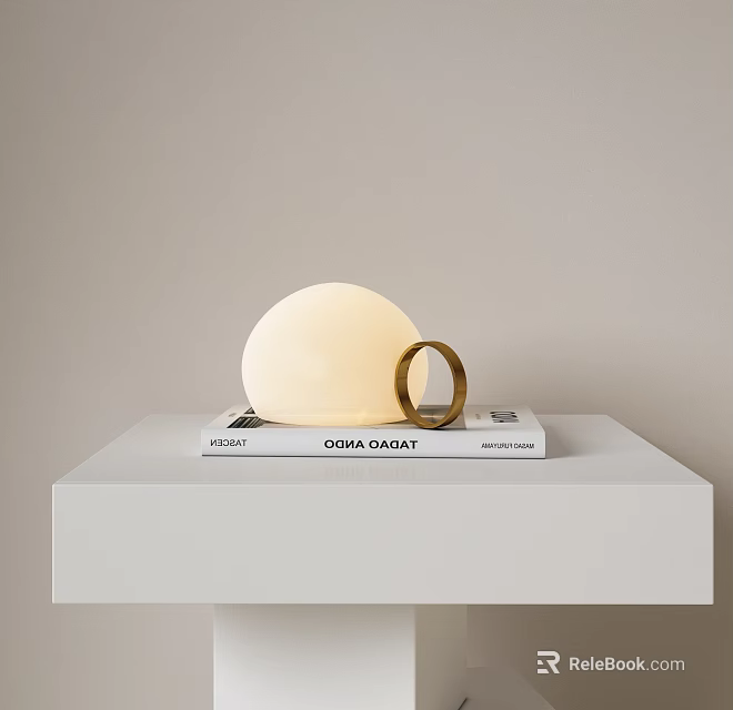 Modern Minimalist White Spherical Table Lamp With Golden Ring On Books White Table 3d model 