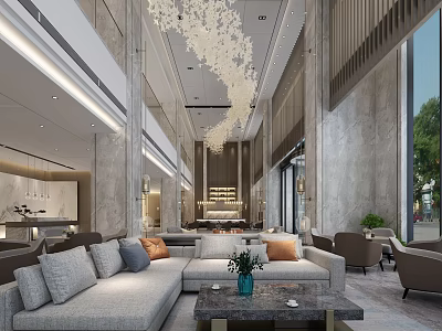 Modern Hotel Lobby Interior With Gray Sofas Chandelier Green Plant Marble Walls And Large Windows 3d model