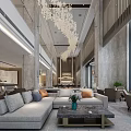 Modern Hotel Lobby Interior With Gray Sofas Chandelier Green Plant Marble Walls And Large Windows
