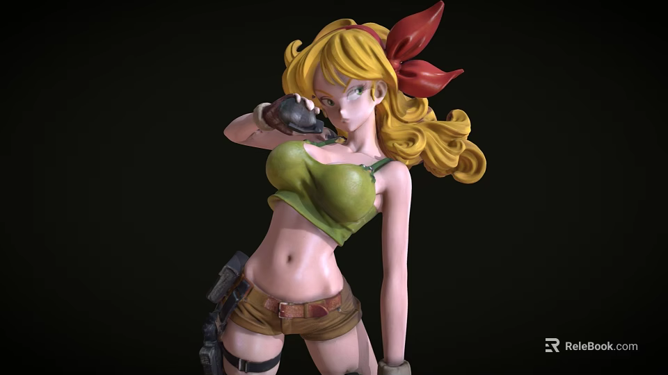 Anime Style Female Doll With Golden Curly Hair Red Bow Green Top And Brown Shorts 3d model 