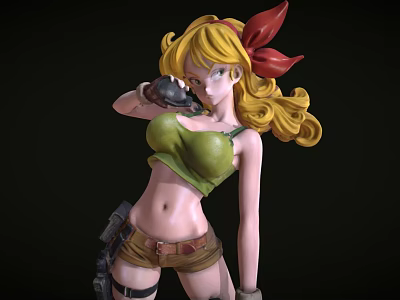 Anime Style Female Doll With Golden Curly Hair Red Bow Green Top And Brown Shorts 3d model