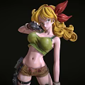 Anime Style Female Doll With Golden Curly Hair Red Bow Green Top And Brown Shorts