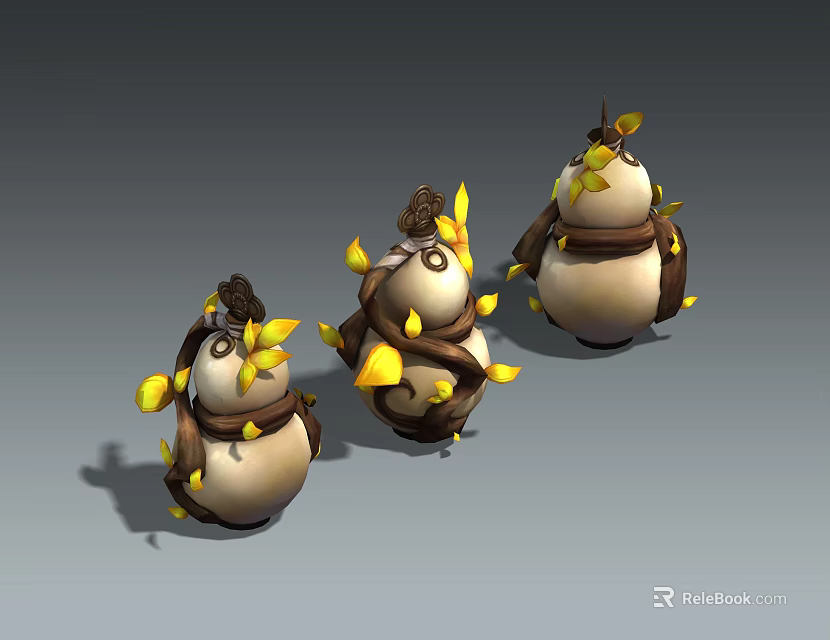 Three Small Oval Shaped Figures Wrapped With Brown Vines And Yellow Leaves 3d model 