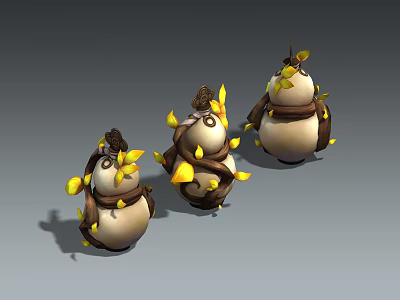 Three Small Oval Shaped Figures Wrapped With Brown Vines And Yellow Leaves 3d model