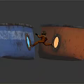 Game Film Character in Spacesuit Jumping Between Rusty Metal Containers With Blue Red Glowing Portals