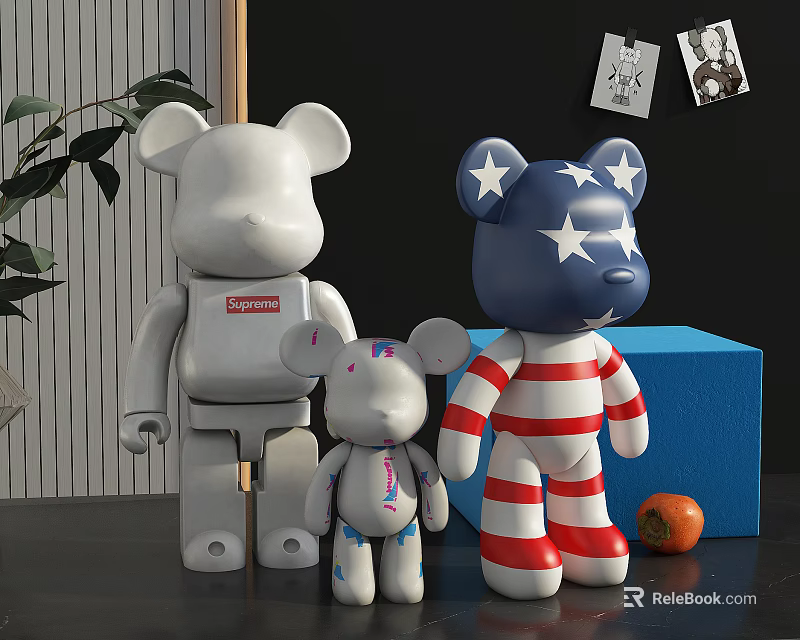 Decorative Ornament Set With Bear Shaped Figurines In Various Sizes And American Flag Pattern 3d model 