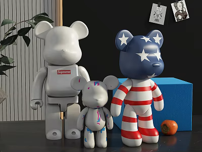 Decorative Ornament Set With Bear Shaped Figurines In Various Sizes And American Flag Pattern 3d model