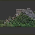 Scenic Castle Building On Hill With Lush Green Vegetation And Small Houses