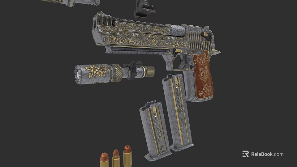 Ornate Decorative Pistol with Engraved Details Wooden Grip Magazines and Bullets 3d model 