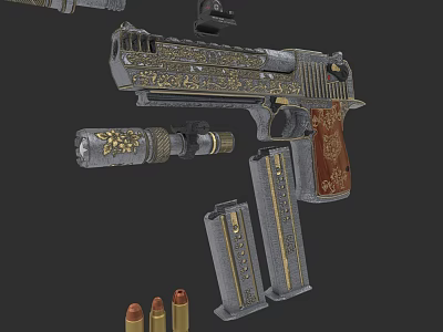 Ornate Decorative Pistol with Engraved Details Wooden Grip Magazines and Bullets 3d model