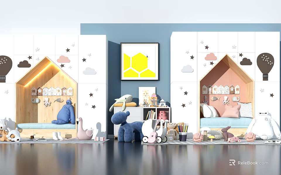 Kids Desk In Blue White Children's Room With Star Cloud Decals And Storage Cabinets 3d model 