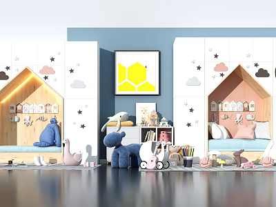 Kids Desk In Blue White Children's Room With Star Cloud Decals And Storage Cabinets 3d model