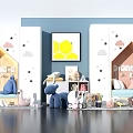 Kids Desk In Blue White Children's Room With Star Cloud Decals And Storage Cabinets
