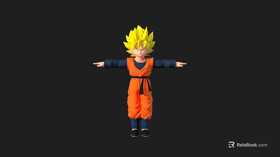 Game Movie Character With Blonde Spiky Hair Orange Outfit Black Belt Blue Sleeves Arms Outstretched 3d model 