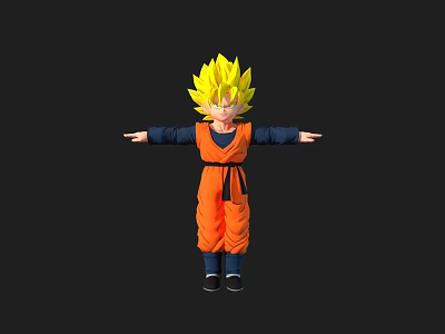 Game Movie Character With Blonde Spiky Hair Orange Outfit Black Belt Blue Sleeves Arms Outstretched 3d model
