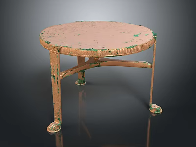 Vintage Round Dining Table With Distressed Surface And Peeling Green Paint Wooden Legs 3d model