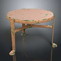 Vintage Round Dining Table With Distressed Surface And Peeling Green Paint Wooden Legs