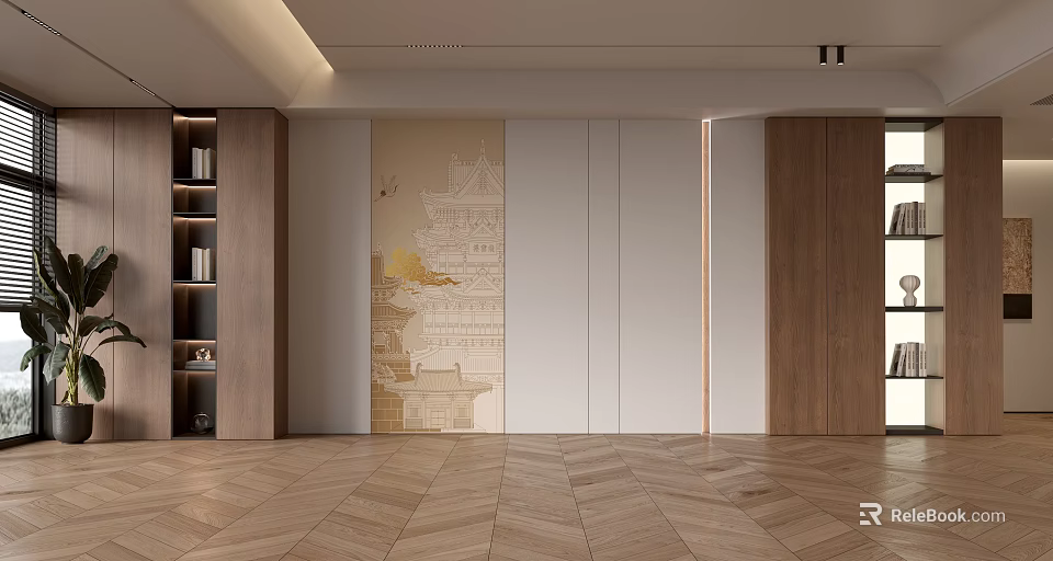 Modern Sofa Background Wall Interior Design With Decorative Painting Wooden Shelves Cabinets And Herringbone Floor 3d model 