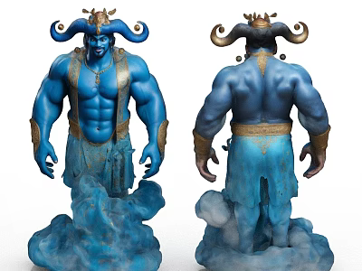 Detailed Blue Muscular Statue With Horns Decorative Attire And Cloud Base 3d model