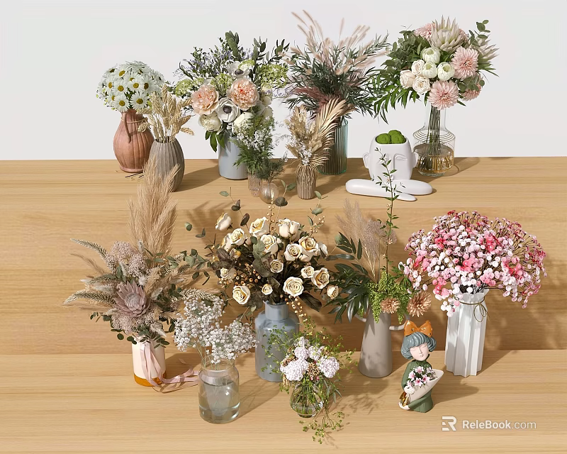 Assorted Fresh And Dried Flowers In Glass Ceramic Vases With Baby's Breath On Wooden Table 3d model 