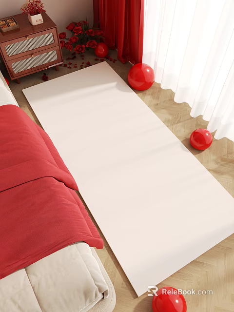 Bright Bedroom Interior With Red Bed White Rug Wooden Floor Red Decorations And White Curtains 3d model 