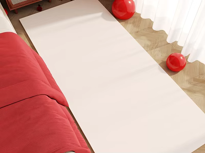 Bright Bedroom Interior With Red Bed White Rug Wooden Floor Red Decorations And White Curtains 3d model