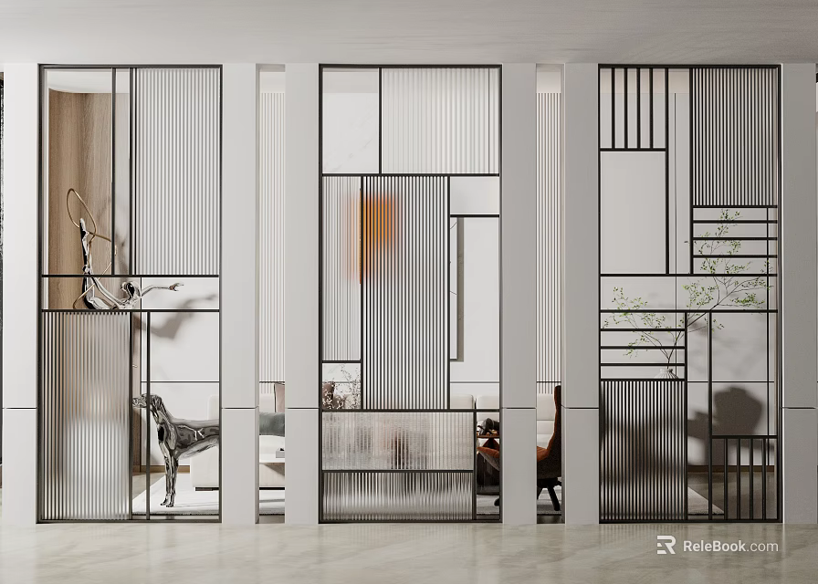 Modern Room Dividers With Glass Panels And Geometric Metal Frames For Interior Separation 3d model 