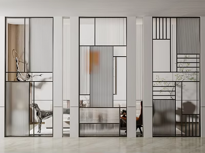 Modern Room Dividers With Glass Panels And Geometric Metal Frames For Interior Separation 3d model