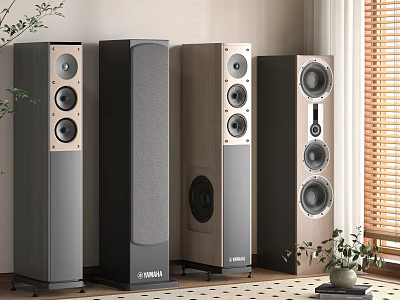 Modern Floor Standing Speakers With Wooden And Gray Finish In Home Audio Setup 3d model