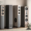 Modern Floor Standing Speakers With Wooden And Gray Finish In Home Audio Setup