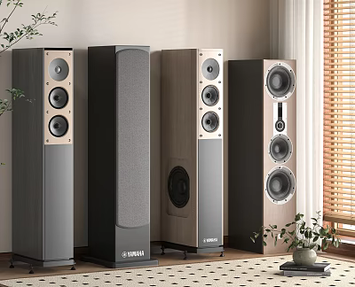 Modern Floor Standing Speakers With Wooden And Gray Finish In Home Audio Setup 3d model