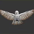 White Owl With Spread Wings And Brown Spots Standing On Reflective Gray Background