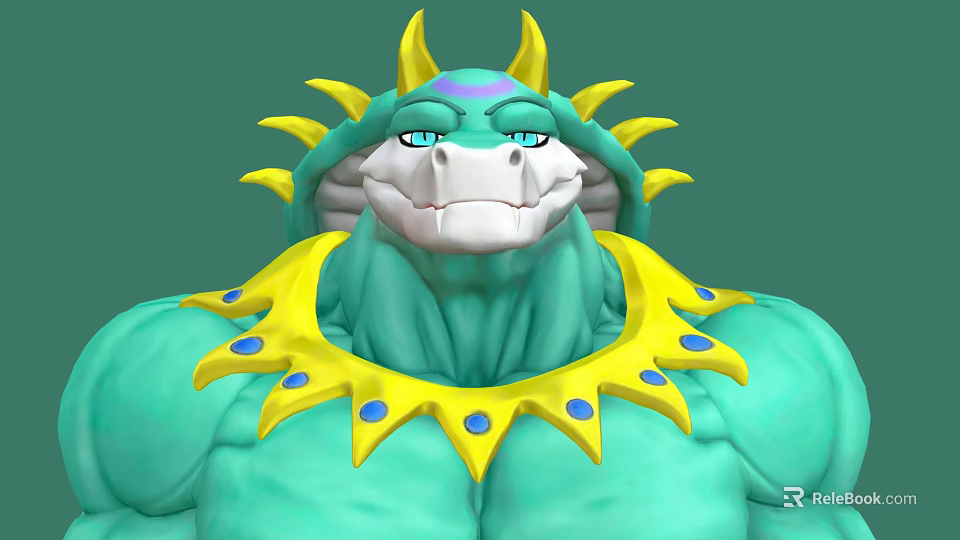 Muscular Green Dragon Character With Yellow Horns Sun Collar And Blue Dots 3d model 