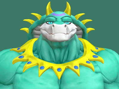 Muscular Green Dragon Character With Yellow Horns Sun Collar And Blue Dots 3d model