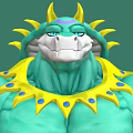 Muscular Green Dragon Character With Yellow Horns Sun Collar And Blue Dots