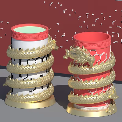 Ornate White Red Decorative Columns Adorned With Golden Dragon Ornaments 3d model