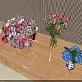 Beautiful Flowers in Vases on Wooden Table with Mixed Bouquet Pink Roses and Blue Hydrangeas