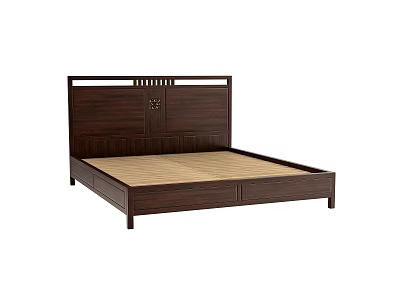 Dark Brown Wooden Double Bed With Carved Headboard Solid Wood Frame And Slatted Base 3d model