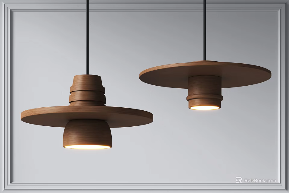 Two Modern Wooden Pendant Lights With Layered Disc Shades And Illuminated Design 3d model 