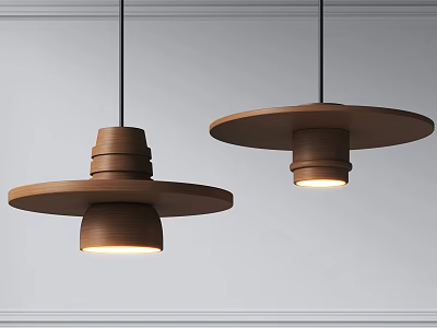 Two Modern Wooden Pendant Lights With Layered Disc Shades And Illuminated Design 3d model