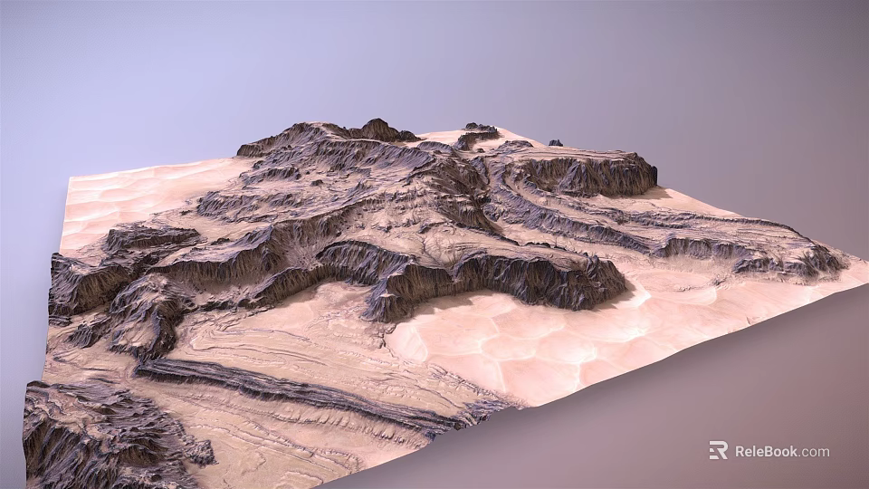 Detailed Terrain Model With Mountain Ranges Valley Formations And Sandy Textures 3d model 