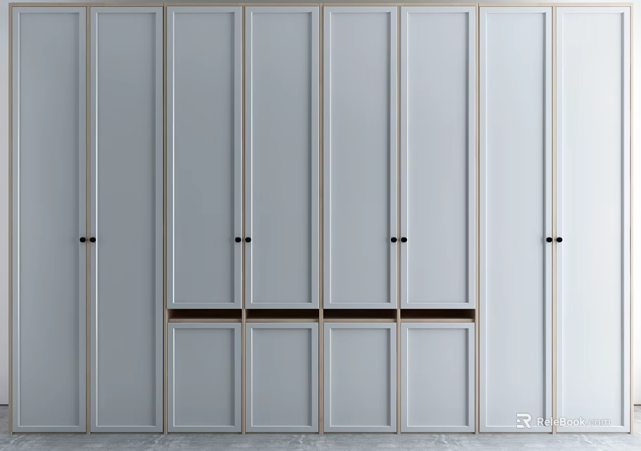 Modern Wardrobe Interior Design With Light Gray Flat Panel Doors And Sleek Handles 3d model 