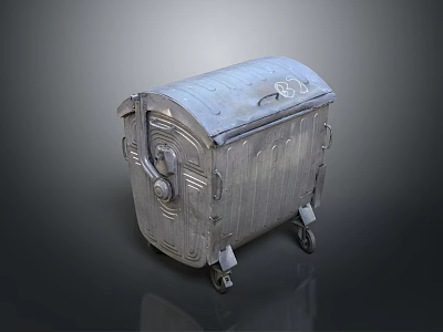 Metal Industrial Trash Bin With Lid And Wheels On Dark Background 3d model