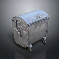 Metal Industrial Trash Bin With Lid And Wheels On Dark Background