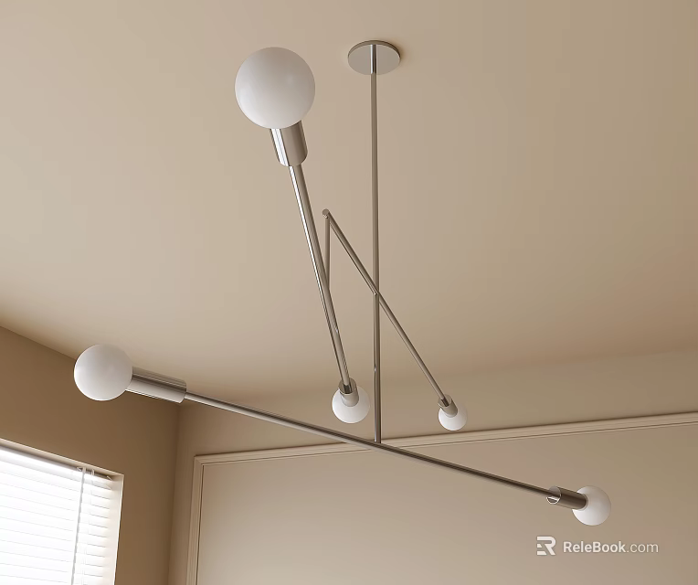 Modern Chandelier with Multiple White Globe Lights and Silver Metal Frame in Beige Room 3d model 